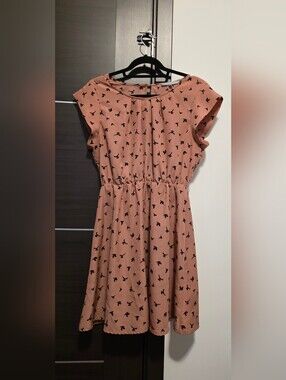 Peach Bird Print Dress – Flowy & Cute | Size L